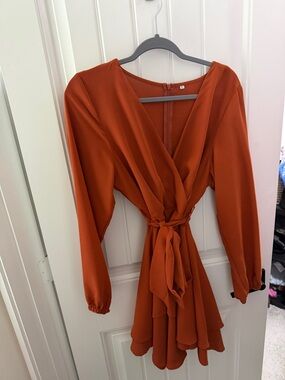 Rust Orange Wrap Long-Sleeve Tiered Mini Dress